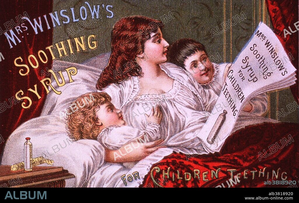 This product for teething children contained morphine. Visual motif: Showing a mother in bed with her children; she is reading a newspaper advertisement for Mrs. Winslow's Soothing Syrup. In 1912 Congress enacted the Sherley Amendment. It prohibited labeling medicines with false therapeutic claims intended to defraud the purchaser, a standard difficult to prove. Mrs. Winslow's Soothing Syrup for teething and colicky babies, unlabeled yet laced with morphine, killed many infants.