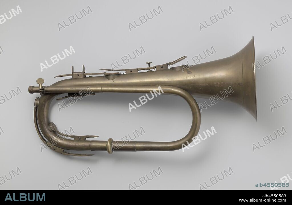 Keyed Bugle, Valve bracket in Bb with six valves, the lower of which is open and equipped with adjusting screw. a support saddle for the middle finger of the right hand. The key of the third valve continues below. Nozzle missing., Lamentation over the dead Christ by his relatives and friends (Christ usually without crown of thorns), Ludwig Embach & Co (mentioned on object), Amsterdam, c. 1830 - c. 1840, brass (alloy), h 44.5 cm × w 21.0 cm d 16.5 cm.