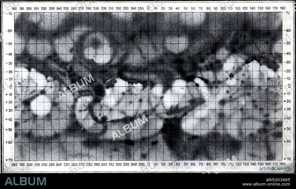 Map of Mars, plate 1. Original caption: General map of the average state of the changing surface of Mars, showing the mean forms and tones of the various regions up to1929. Eugène Michel Antoniadi (March 1, 1870 - February 10, 1944) was a Greek astronomer who spent most of his life in France when invited there by Camille Flammarion. He became a highly reputed observer of Mars. He also observed Venus and Mercury. He made the first attempts to draw a map of Mercury, but his maps were flawed by his incorrect assumption that Mercury had synchronous rotation with the Sun. The first standard nomenclature for Martian albedo features was introduced by the International Astronomical Union (IAU) when they adopted 128 names from the 1929 map of Antoniadi named La Planète Mars (The Planet Mars). He died in 1944 at the age of 74.