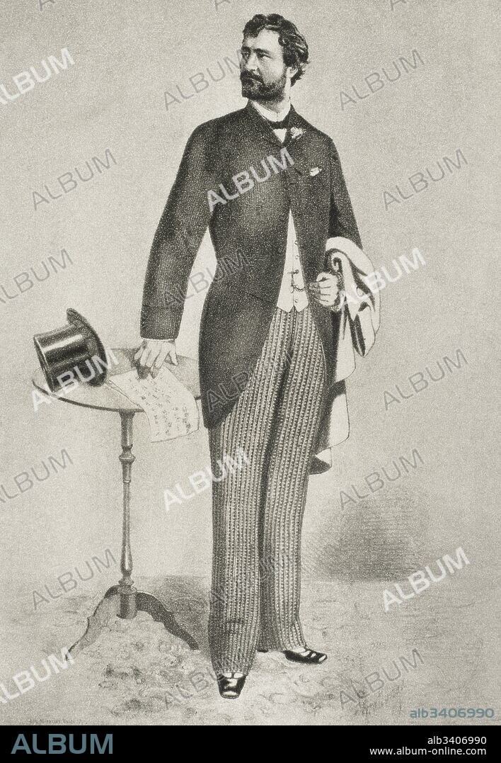Angelo Masini (Forli, 1844-Forli, 1926). Tenor italiano. Estudió en Milán. Su primera actuación fue en 1869. Dibujo realizado por encargo de la Sociedad de Sastres "La Confianza" de Barcelona, con su figurín para la temporada de verano de 1881.