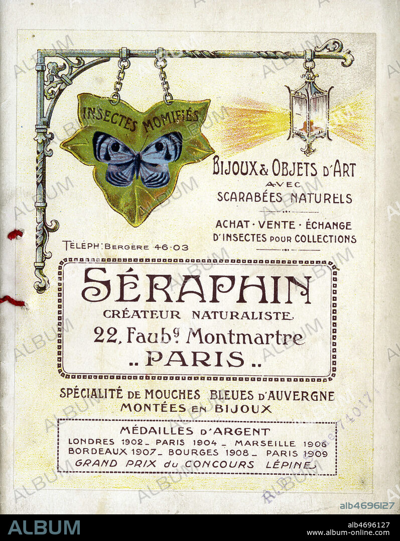 'Seraphin createur naturaliste. Bijoux et objets d'art avec scarabees naturels, insectes momifies'. Brochure publicitaire vers 1910. Illustration anonyme. Credit : Collection IM/KHARBINE-TAPABOR.