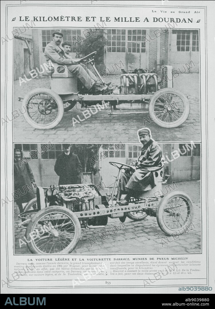 Photographs of French vintage car drivers in the Dourdan's kilometer and Mile races, 1905. These were international French sprint car competitions, held annually in Dourdan (southwest of Paris) in the early twentieth century, for two and four-wheel motorized vehicles.