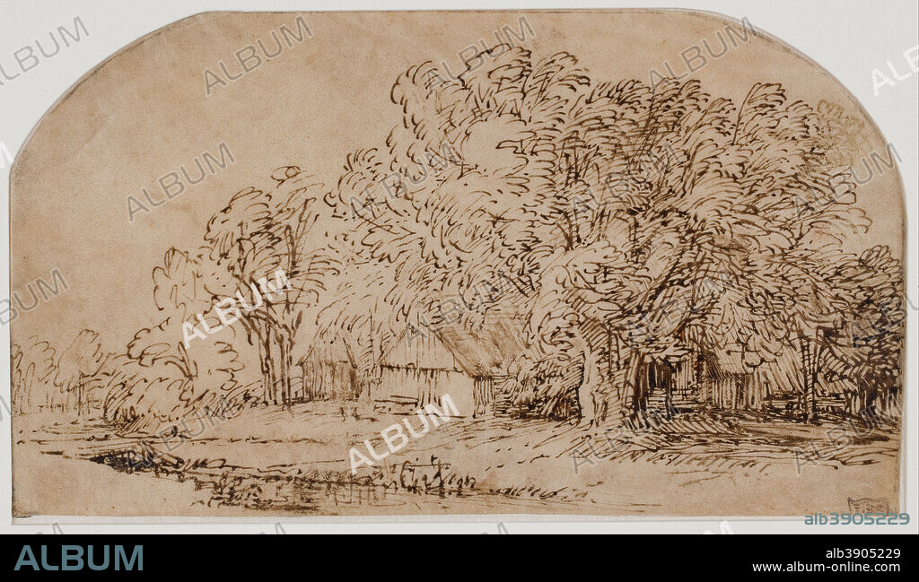 REMBRANDT. Landscape with Cottages under Tall Trees. ("The Puff of Wind"). Date/Period: From 1650 until 1652. Drawing. Pen, brown ink and brownish wash on parchment. Height: 116 mm (4.56 in); Width: 203 mm (7.99 in).