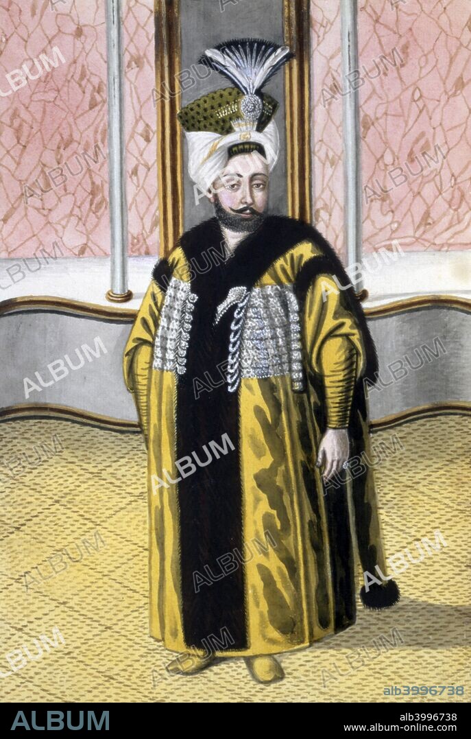 Mustafa IV, Ottoman Emperor, 1808. Mustafa (1779-1808) became Sultan in 1807 after the overthrow of Selim III. Continuing support for Selim led to a revolt, prompting Mustafa to have him murdered. Mustafa was then deposed himself and replaced by Mahmud II. From A series of Portraits of the Emperors of Turkey, 1808.