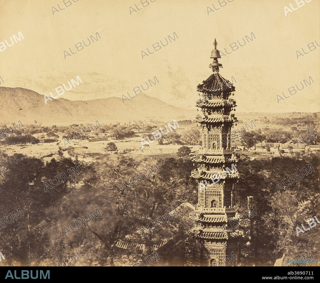 FELICE BEATO. [View of the Summer Palace. Yuan Ming Yuan Pagoda. Before the Burning, Pekin, October 18, 1860]. Date/Period: October 18, 1860. Print. Albumen silver. Height: 230 mm (9.05 in); Width: 279 mm (10.98 in).