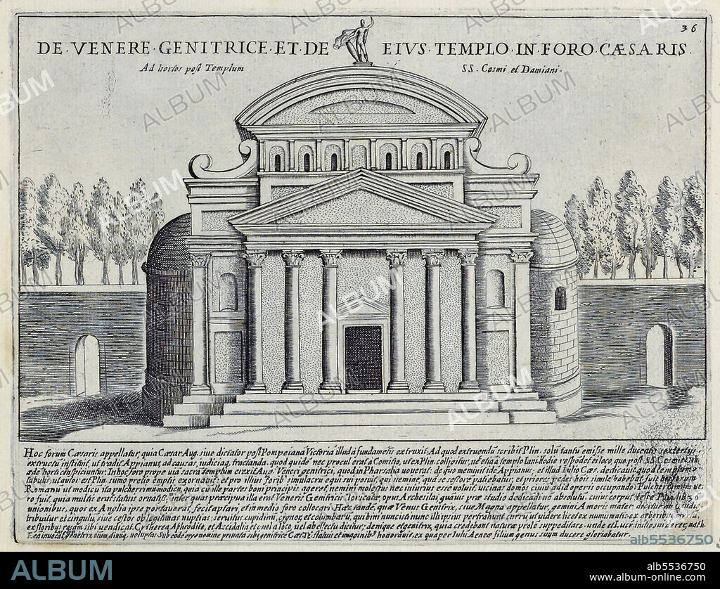 De Venere Genitrice Et De Eius Templo In Foro Caesaris (Ad Hortos Paft Templum SS Casmi Et Damiani), Der Tempel der Venus Genetrix auf dem Forum von Caesar. Das Forum von Caesar wird auch als Forum Julium bezeichnet. Caesar plante den Tempel der Venus Genetrix am Vorabend der Schlacht von Pharsalus im Jahr 48 v. Chr., historisches Rom, Italien, Splendore Dell' Antica Roma: The Splendors of Rome, Circa 1625 .