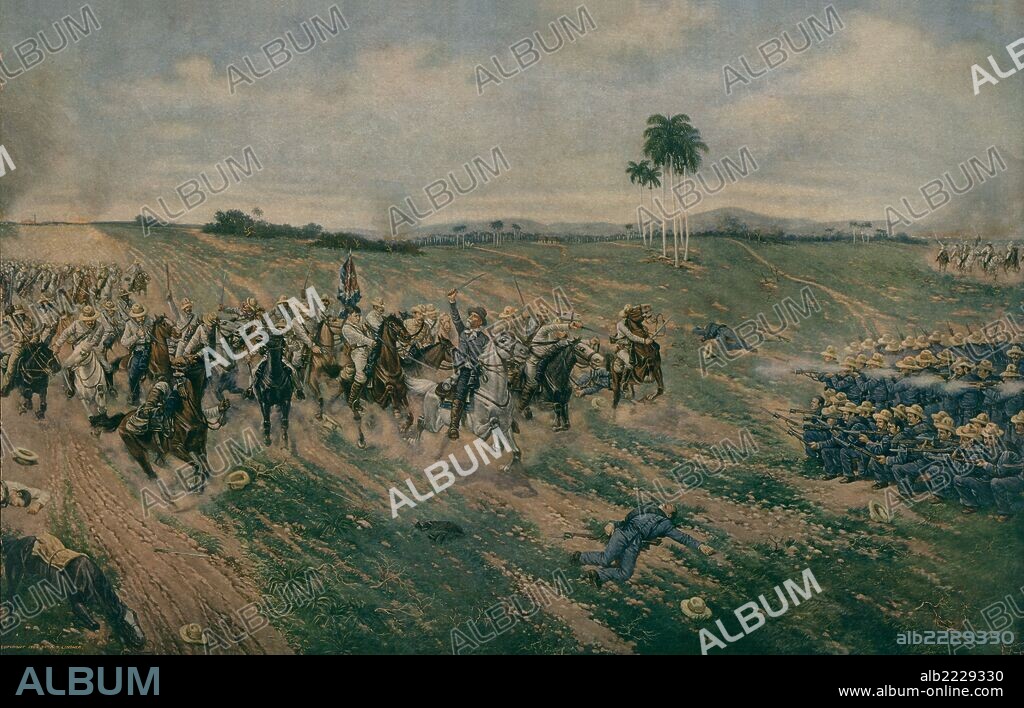 Cuba. Guerra de la independencia. Batalla del Mal Tiempo, del 15 de diciembre de 1895. Carga del ejército cubano liderados por el general en jefe Máximo Gómez y lugarteniente general Antonio Maceo contra el ejército español. Grabado de 1905.