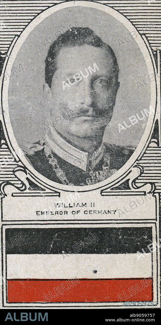 Flag of Germany 1914 with portrait of Wilhelm II (1859 - 1941). William II was the last German Emperor (Kaiser) and King of Prussia, reigning from 15 June 1888 until his abdication on 9 November 1918.