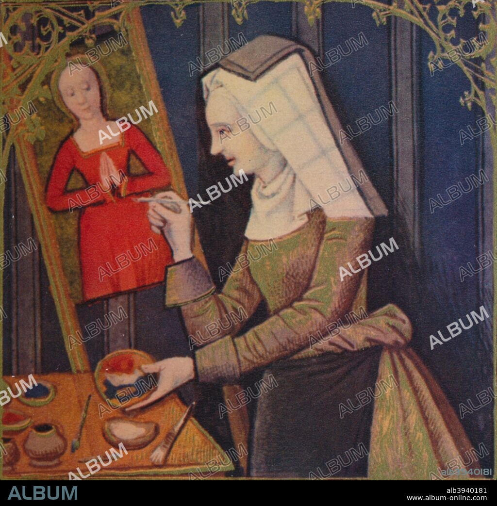 'Thamyris - Reine De Scythie', 1403, (1939). Tomyris ( sometimes Thomyris ) is a legendary queen of the Massagetes , famous for having put an end to the reign of Cyrus the Great . She is considered the last queen of the Amazons . The illustration is part of the manuscript De Claris mulieribus, traduction anonyme en francais (Livre des femmes nobles et renommees) by Giovanni Boccaccio, housed in the Bibliotheque nationale de France, Paris. From Verve - Nos. 5-6, July-October 1939. [Verve, France, 1939].