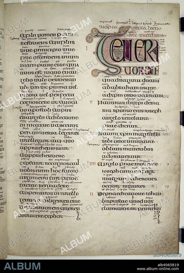 Preface to St Matthew's Gospel. Lindisfarne Gospels. N.E. England [Lindisfarne]; 710-721. [Whole folio] Preface to the Gospel of St Marrhew. Table of chapters to the Gospel of St Matthew, beginning with initial 'G'.  Image taken from the Lindisfarne Gospels.  Originally produced in N.E. England [Lindisfarne]; 710-721. . Source: Cotton Nero D. IV, f.19. Language: Latin, with Anglo-Saxon glosses.