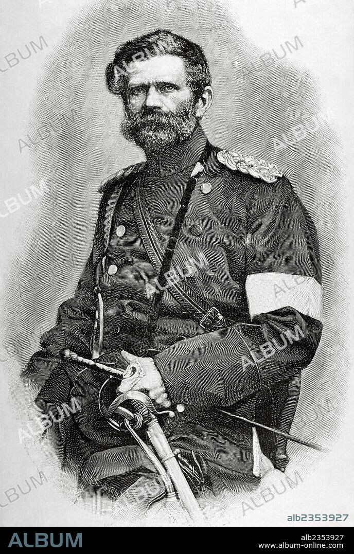 Edwin von Manteuffe (1908-1885). General alemán, nombrado por Bismark. Reorganizó el ejército prusiano. Grabado por G. Klose. "Historia Universal", 1885.