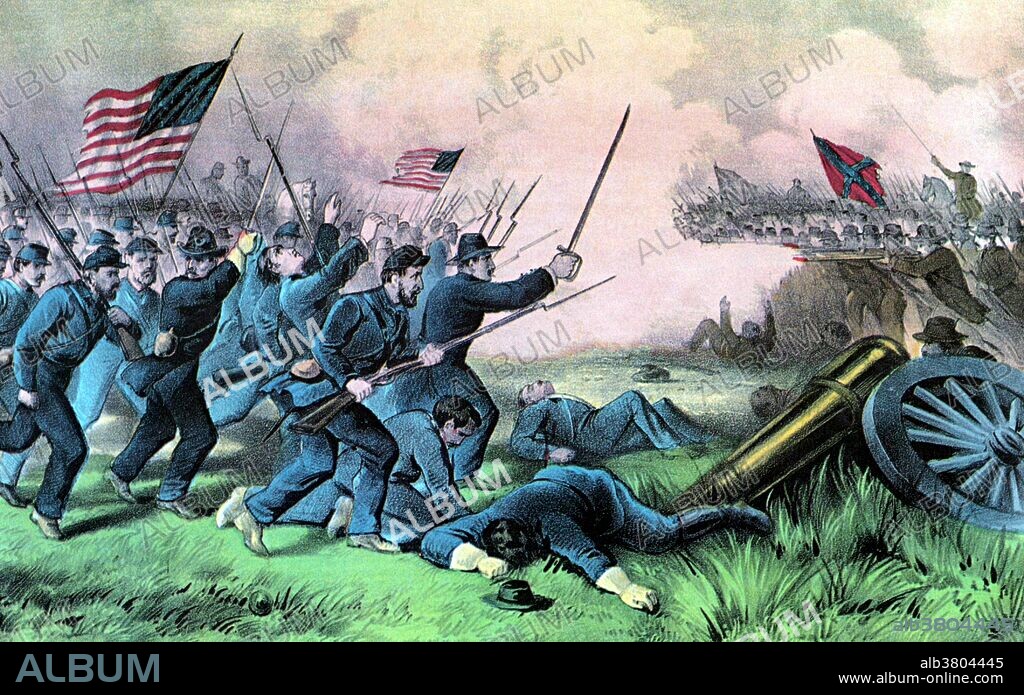 Lithograph entitled and captioned: "The Battle of Jonesboro, Georgia, September 1st, 1864. General Sherman leaving the Twentieth Corps, withdrew the rest of his army before Atlanta, and the rebels began to rejoice over his supposed retreat, when suddenly he reappeared to their astonished vision fifteen miles south from Atlanta attacked the Rebels at Jonesboro. Capturing their forks, ten guns and 200 prisoners, and inflicting upon them a loss of 3000 killed and wounded, the Rebel General Hood being completely 'Hoodwinked' in the words of General Sherman, 'blew up his magazines at Atlanta, and left in the night time, when the 20th Corps General Slocum took possession of that place', adding the proudest trophy of all, to the Conquering arms of our Noble Army of the West." The Battle of Jonesborough (modern name Jonesboro) was fought August 31 - September 1, 1864, during the Atlanta Campaign. Two Union armies led by Major General William T. Sherman maneuvered to draw the Army of Tennessee (led by John Bell Hood) away from their defenses at Atlanta, Georgia, where it could be destroyed. The city of Atlanta was abandoned and then occupied by Union troops for the rest of the war.