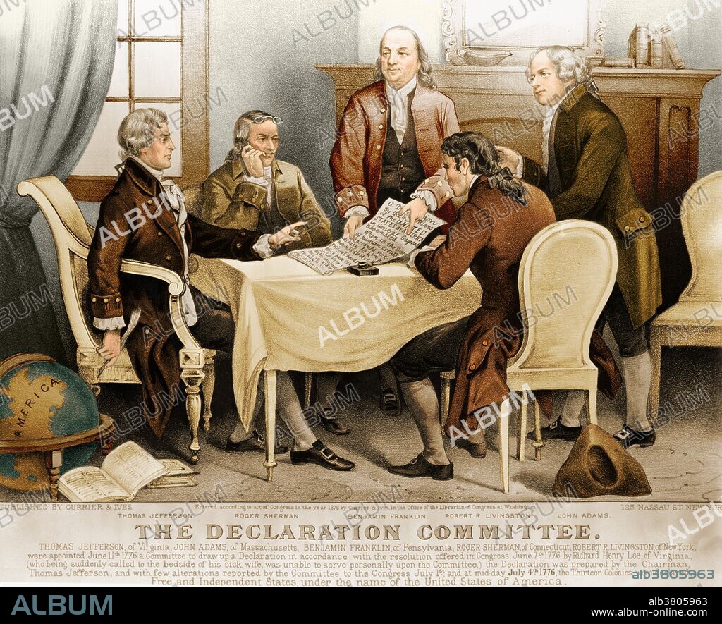 On June 11, 1776, Congress appointed a "Committee of Five", consisting of John Adams of Massachusetts, Benjamin Franklin of Pennsylvania, Thomas Jefferson of Virginia, Robert R. Livingston of New York, and Roger Sherman of Connecticut, to draft a declaration. Currier and Ives lithograph, 1876.