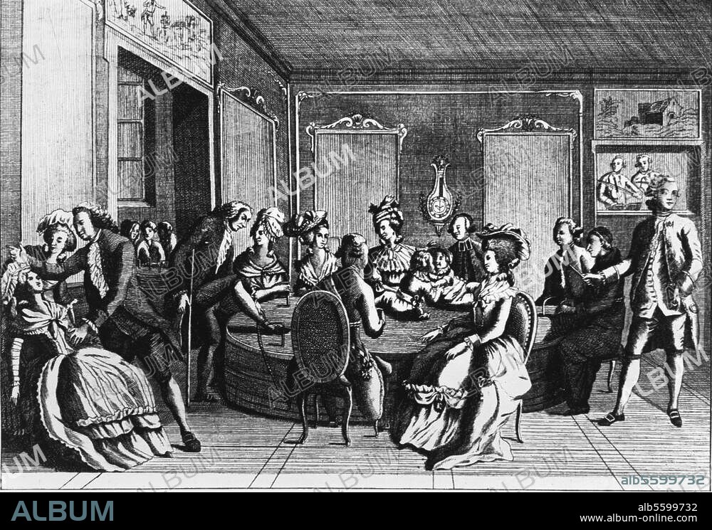 Franz Anton Mesmer; Doctor, founder of the doctrine of animal magnetism. 1734-1815. "Le baquet de Mr. Mesmer ou Représentation fidèle des Opérations du Magnétisme Animal". (Application of Mesmer's method of healing). Copper engraving, c. 1780.