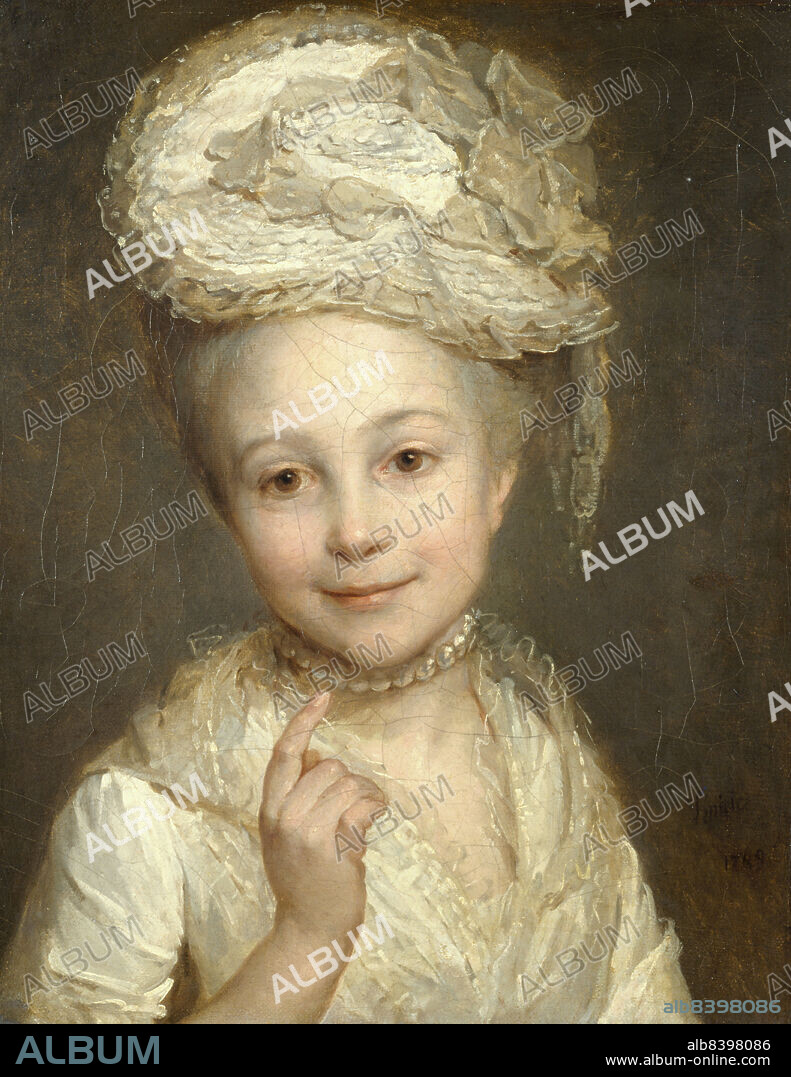 NICOLAS BERNARD LEPICIE. Emilie Vernet (1760-1794), 1769. 9-year-old Emilie Vernet wears a white satin dress with a matching hat, and pearl necklace. The little girl is dressed like an adult and her attitude is that of a woman.