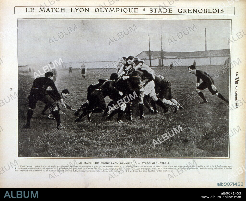 Vintage French photograph of Rugby Union players from the Lyon Olympique team in action; 1905. Le LOU, as it is traditionally known, is one of the oldest sports clubs in France and among the first outside Paris to have set up a rugby section. The club's original name was Racing Club, the result of a merger of the Racing Club de Vaise and the Rugby Club de Lyon. It was renamed Racing et Cercles Reunis in 1902 after several other clubs joined it, then a few months later Lyon Olympique.