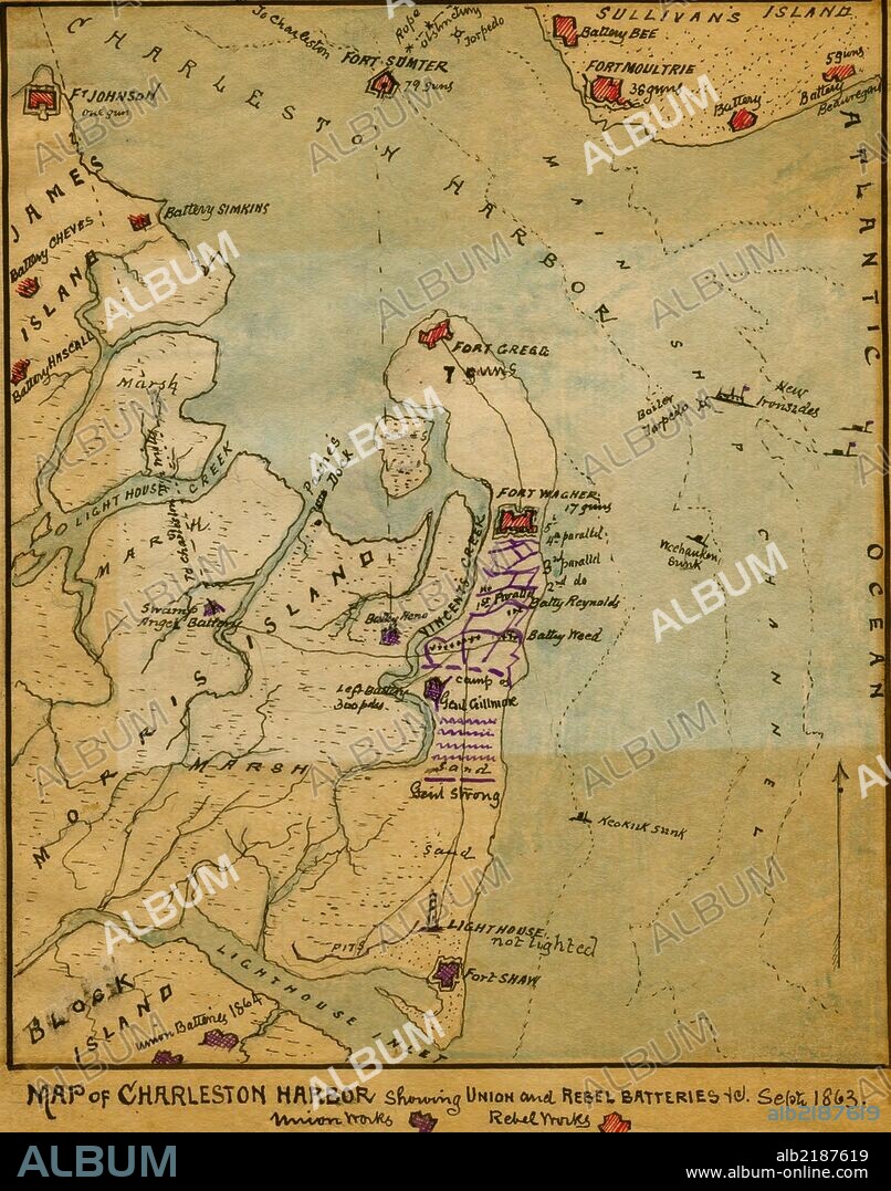 Map shows the location of Union and Confederate fortifications on James, Sullivan, Block and Morris islands at the entrance to Charleston Harbor, S.C. In July 1863, Union generals Gillmore and Dahlgren hoped to take Fort Wagner, on Morris Island in Charleston Harbor, in order to gain a vantage point from which to launch an attack on the city of Charleston. Strongly defended by the Confederates, the first Union assaults (July 10th and 18th) resulted in extremely high casualties. Gillmore began formal siege operations and had reached the base of the fort by September 6th. The Confederate forces abandoned the fort during the night. Also indicated are the locations of sunken Union gunboats and of the "Swamp Angel" battery, which had been used to shell Charleston in August. Also, while dated Sept. 1863, the notation "Union batteries 1864" appears on Block Island.
