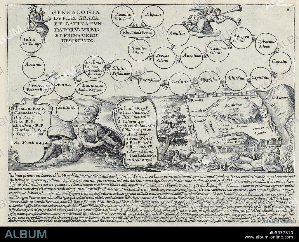 Ein Diagramm, das den Stammbaum von Anchises, einem Mitglied der koniglichen Familie von Troja, zeigt. Er war der Vater von Aeneas, dessen Mutter Aphrodite war. Bei Aeneas verzweigt sich der Stammbaum, um zu zeigen, wie er der Vorfahre von Romulus und Remus, den Grundern von Rom, ist, historisches Rom, Italien, Splendore Dell' Antica Roma: The Splendors of Rome, Circa 1625 .