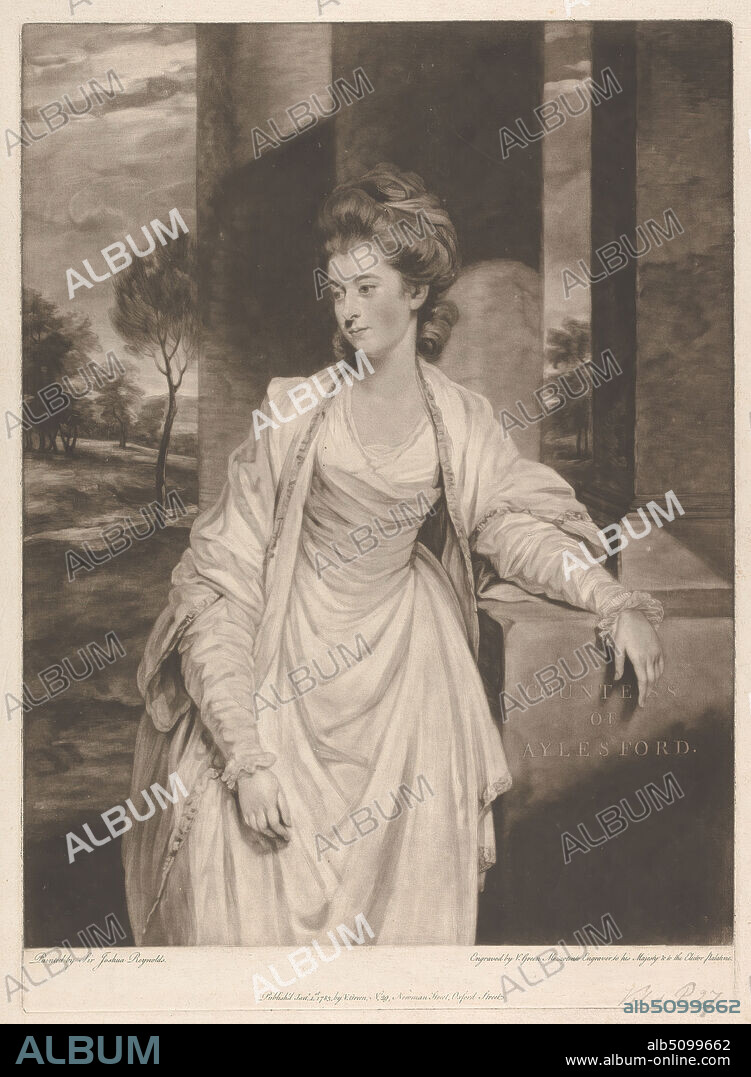 Louisa Finch (née Thynne), Countess of Aylesford, Valentine Green, 17391813, British, after Sir Joshua Reynolds RA, 17231792, British, 1783, Mezzotint on moderately thick, moderately textured, beige, laid paper, Sheet: 19 1/8 × 14 1/8 inches (48.6 × 35.9 cm), Plate: 17 15/16 × 12 15/16 inches (45.6 × 32.9 cm), and Image: 16 13/16 × 12 7/8 inches (42.7 × 32.7 cm).