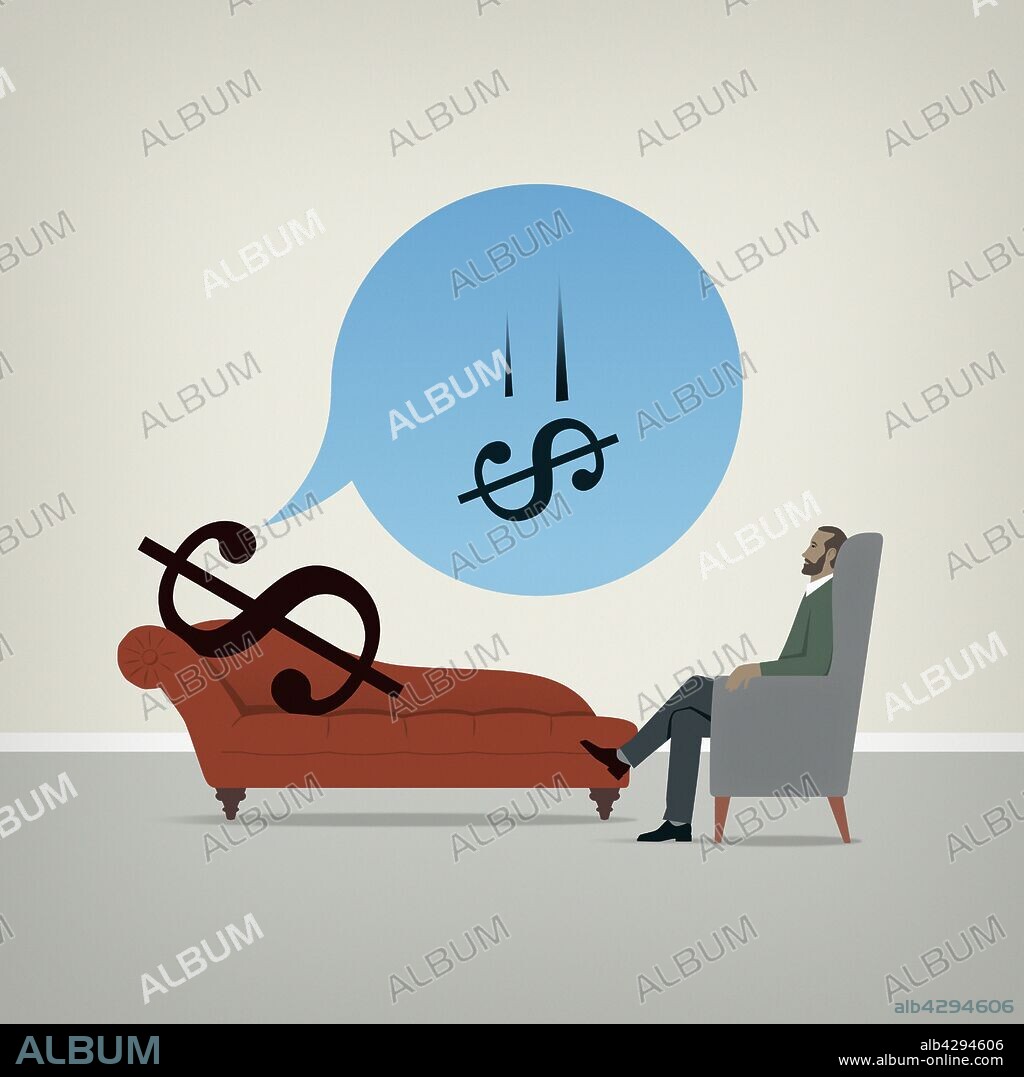 Dollar sign on psychiatrists couch worrying about falling value.