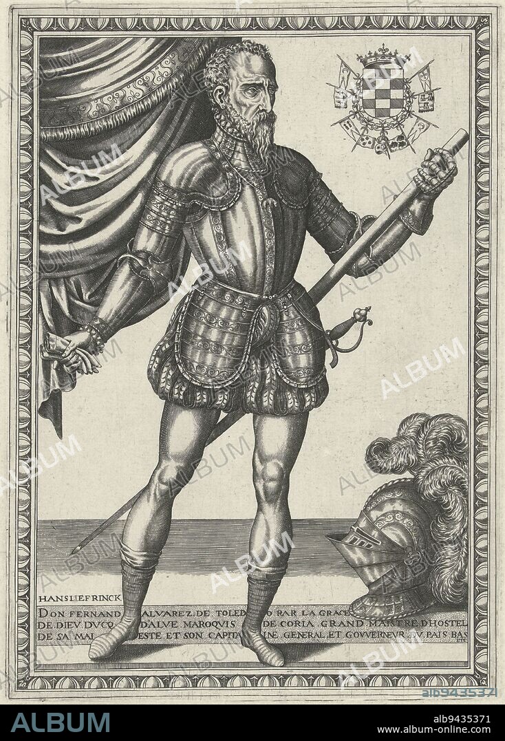 Portrait of the Duke of Alva, Fernando Alvarez de Toledo, full-length to the right He is dressed in breast cuirass, holding a commander's staff in his left hand and a pair of gloves in his right Above right his coat of arms, below left a helmet A three-line text in French in the lower center, Portrait of the Duke of Alva Portraits of kings and queens full-length , print maker: Frans Huys, publisher: Hans Liefrinck (I), (mentioned on object), Antwerp, 1546 - 1562, paper, engraving, h 312 mm × w 221 mm.