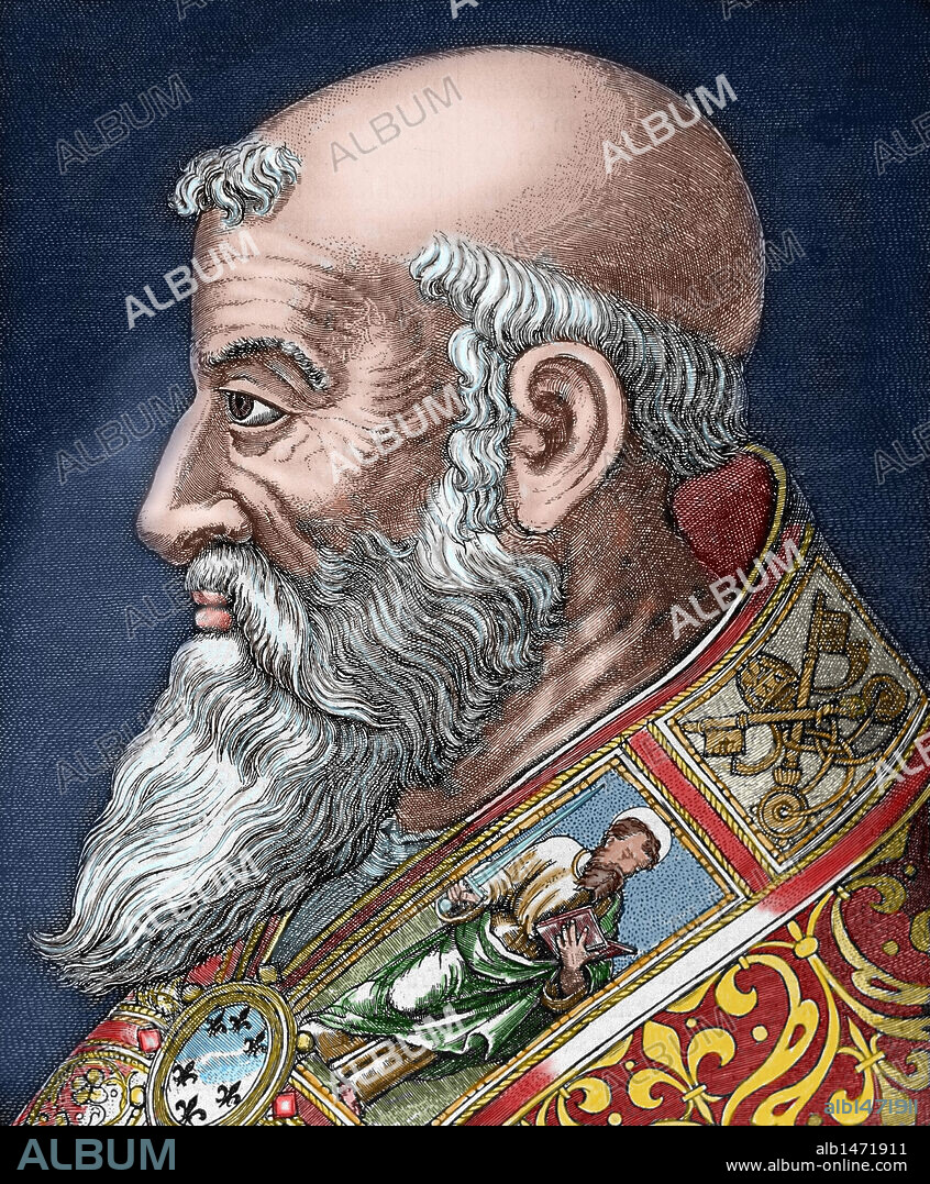 PAULO III (Canino,1468-Roma,1549). Papa italiano (1534-1549), de nombre ALESSANDRO FARNESE. Su pontificado se caracterizó por su neutralidad en las luchas políticas territoriales, en la iniciación de la reforma de la iglesia y en la convocatoria de un concilio. Grabado coloreado.