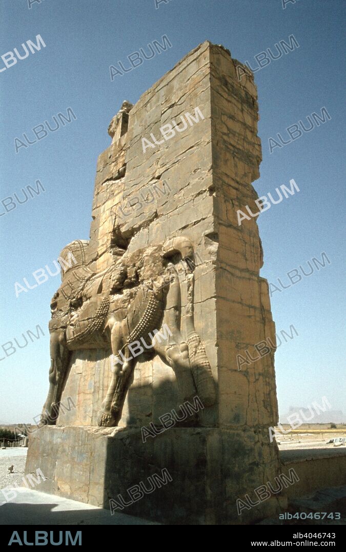 Back view of the Gate of All Nations, Persepolis, Iran. The capital of Achaemenid Persia, Persepolis was begun during the reign of Darius I (522-485 BC) although the majority of buildings are thought to date from the reign of his son Xerxes I (485-465 BC). The city was sacked by Alexander the Great in 330 BC.