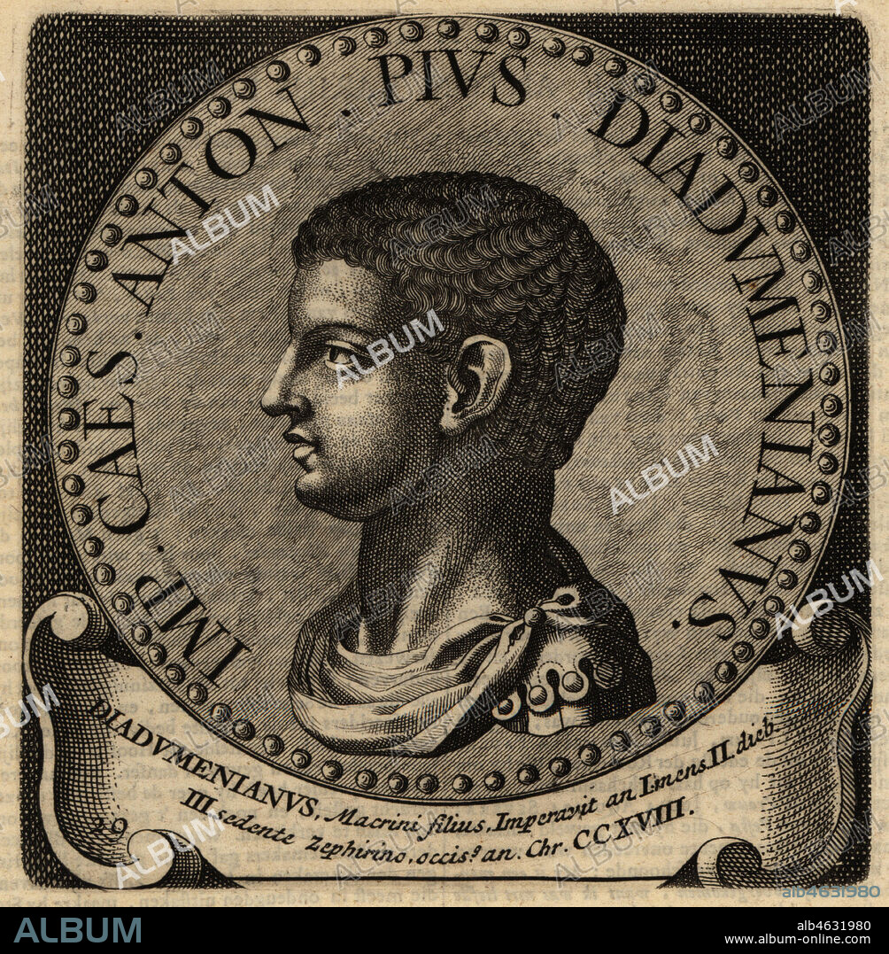 Roman Emperor Diadumenian, 208-218. Marcus Opellius Antoninus Diadumenianus Augustus. Copperplate engraving from Abraham Bogaerts De Roomsche Monarchy, The Roman Monarchy, Francois Salma, Utrecht, 1697.