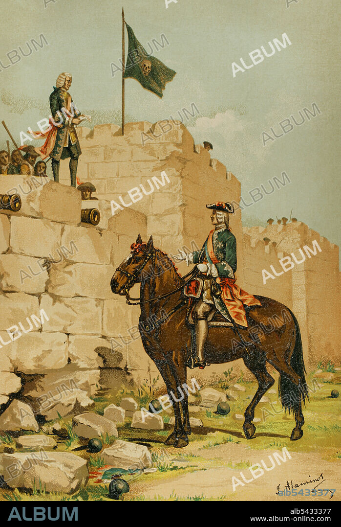 Guerra de Sucesión Española. Campaña de Cataluña. Sitio de Barcelona, 1714. El 6 de septiembre de 1714, presente el general borbónico Asfeld, el general Josep Bellver (general Josepet) leyó un documento por el que los Tres Brazos habían resuelto no admitir capitulación alguna de la ciudad de Barcelona, tras el edicto del rey Felipe V por el que éste exigía obediencia debida. Tras la respuesta se abrió de nuevo el fuego. Ilustración por J.Alaminos. Cromolitografía. Historia General de España, por Miguel Morayta. Tomo V. Madrid, 1891.
