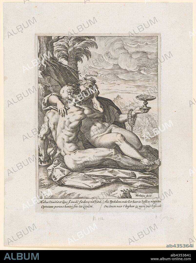 Honor and Opulentia (Honor and Wealth), 1582, copperplate, plate: 20.1 x 14.2 cm |, Leaf: 27.3 x 21.3 cm, U. l., numbered: 3 ., u, ., r., designated: HGoltzius [HG lig.] fecit ., at the l., Figure: Honor, at the r., Figure: Opulentia, under the image field: Mutua Diuitiæ et louse si inodo fœdera nectunt, Optatam parient homini sine lite quielem., When Ryckdom ends Eer haer in straightening, ons leuen naer t begheer zy vryen van besware [n], Hendrick Goltzius, Mühlbrecht 1558–1617 Haarlem.