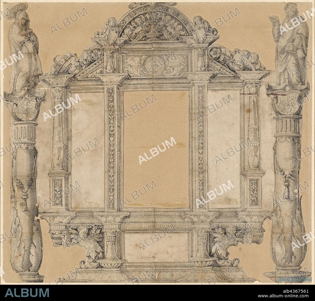 Frame design for the renaissance altar of the Count von Zimmern in Messkirch, pen in black, partially gray washed, silhouetted, mounted on cream-colored backing paper, folia: 41.5 x 45.8 cm, Meister von Messkirch, tätig um 1530–1543 in Messkirch.