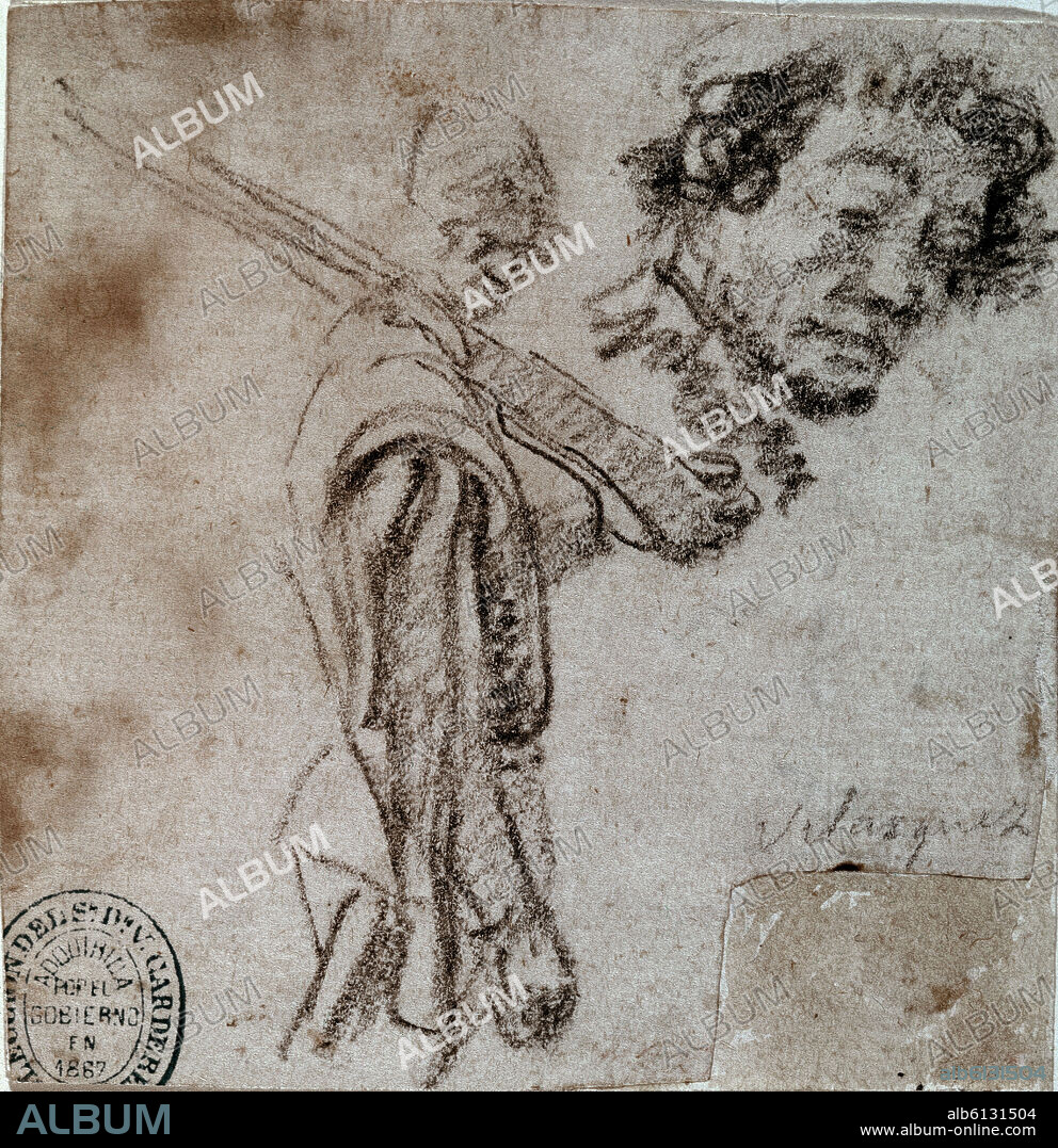 DIEGO VELAZQUEZ (1599-1660). DIBUJO DE UN SOLDADO CON EL ARMA AL HOMBRO Y ESTUDIO DE UNA CARA - SIGLO XVII - BARROCO ESPAÑOL.