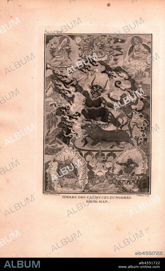 Idols of Calmucz Zungores Erlik-Han, Religion and Mythology: Idol of Herlick-Han, the devil, the god of the Kalmyk Underworld, Signed: Carême de Fêcamp (del.), C. Baquoy (sculp.), Copperplate engraving, no. XVII, after p. 306 (vol. 1), Fécamp, Carême de ; Baquoy, Jean-Charles, 1768, Jean Chappe d'Auteroche: Voyage en Sibérie fait par ordre du roy en 1761: contenant les moeurs, les usages des Russes, et l'etat actuel de cette puissance. Paris: chez Debure, 1768.