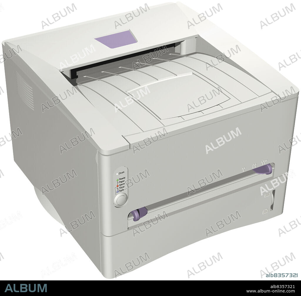 Printer in which powdered ink in a cartridge is projected onto a rotating cylinder by laser beam and then fixed onto the paper using heated rollers.