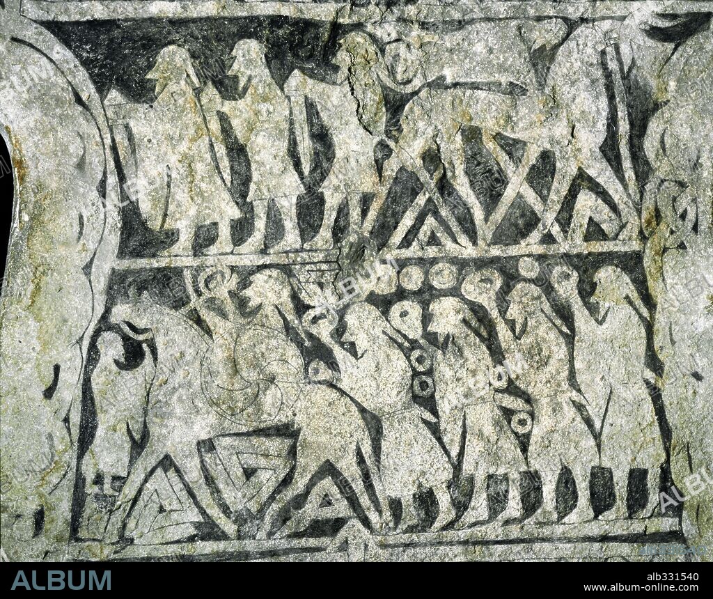 Viking Tangelgarda rune stone from Gotland, 7th century with saga of God Wotan in procession.