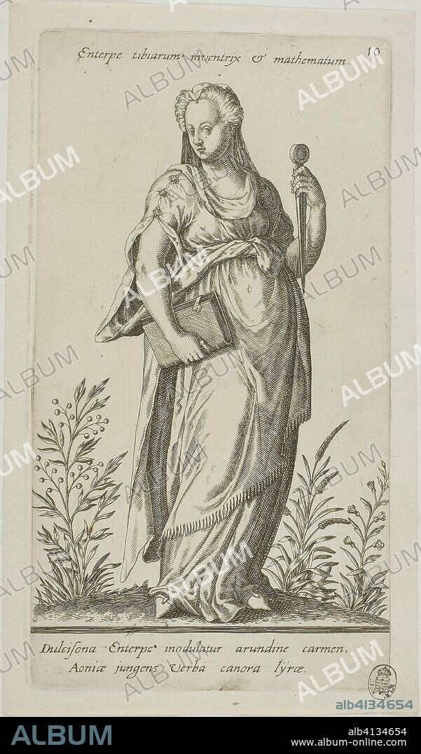 Enterpe, Muse of Music, plate 10 from Parnassus Biceps. Johann Theodor de Bry (German, 1561-1623); or Robert Boissard (French, c. 1570-after 1597); after Jean-Jacques Boissard (French, 1533-1598). Date: 1601. Dimensions: 237 × 141 mm (image); 260 × 143 mm (plate); 280 × 163 mm (sheet). Engraving in black on ivory laid paper. Origin: Frankfurt an der Oder.