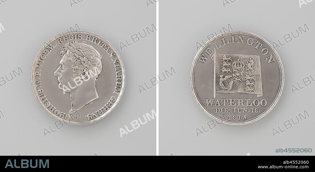 Inauguration of the Waterloo Bridge in London, in honor of George, Prince-Regent of England, Silver Medal. Obverse: man's chest piece with laurel wreath inside an inscription. Reverse: flag of Great Britain within a circle, lace, Waterloo, Waterloo Bridge, George IV (King of Great Britain and Hanover), Thomas Wyon (II), London, 1815, silver (metal), striking (metalworking), d 2.7 cm × w 10.93 gr.