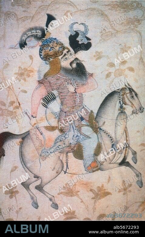 ANONYM. Alexander der Große, König von Makedonien; 356-323 v. Chr. Alexander auf dem Hengst Bukephalos (Lieblingspferd Alexanders; von Philonikos um 16 Talente gekauft und von dem jungen Alexander gezähmt). Islamische Miniatur.