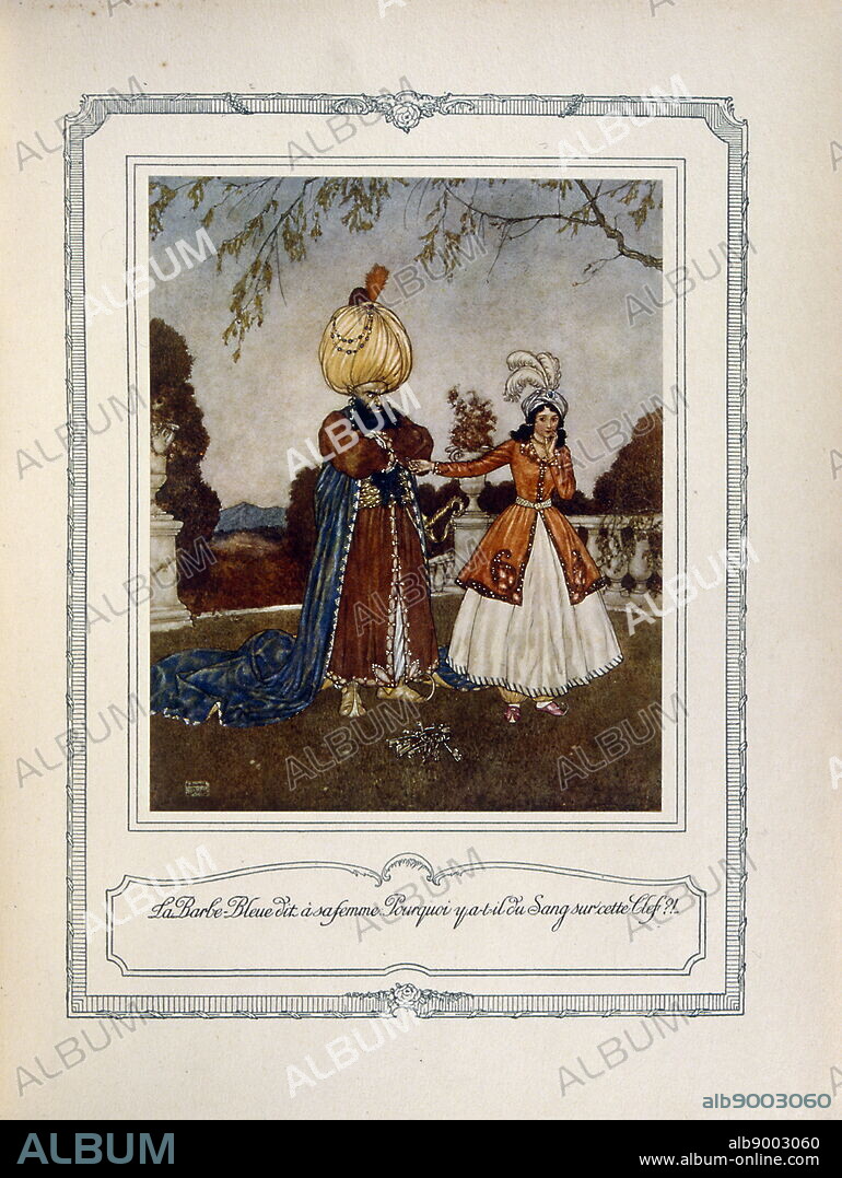 Coloured illustration entitled 'Bluebeard said to his wife, "Why is there blood on this key?". Illustrated by Edmund Dulac (1882-1953), a French British naturalised magazine and book illustrator.