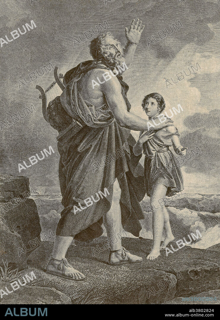 Entitled: Homer the Blind Greek Poet is Guided on His Travels by a Young Boy. In the Western classical tradition, Homer is the author of the Iliad and the Odyssey, and is revered as the greatest of ancient Greek epic poets. These epics lie at the beginning of the Western canon of literature, and have had an enormous influence on the history of literature. When he lived is unknown but, modern researchers place him in the 7th or 8th centuries BC. He is most frequently said to be born in the Ionian region of Asia Minor, at Smyrna, or on the island of Chios. Aristotle remarks in his Poetics that Homer was unique among the poets of his time, focusing on a single unified theme or action in the epic cycle. His name has been interpreted as meaning he who accompanies; he who is forced to follow, or, in some dialects, blind. This led to many tales that he was a hostage or a blind man who was led around by a young shepherd or goat herder.