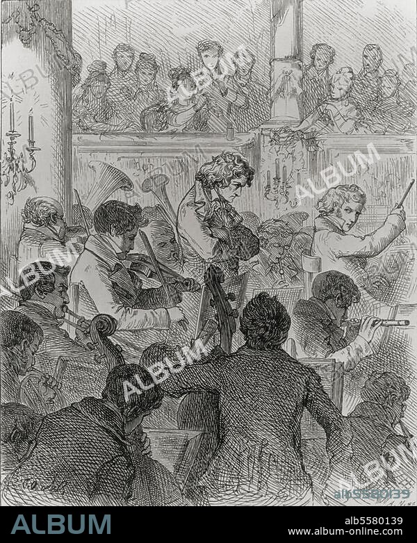 Beethoven, Ludwig van; composer. 1770-1827. "The premiere of Symphony No. 9". (Vienna, Kärntnertortheater, 7 May 1824: Michael Umlauf conducting, behind him the deaf Beethoven). Lithograph, 1879, by Karl Offterdinger (1829-1889).