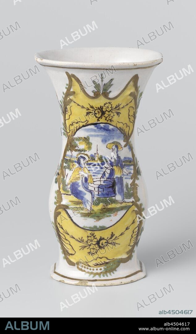 vase of faience, Multicolored depiction of Jesus with the samaritan woman. The vase is marked: B-P., De Vergulde Blompot, Delft, 1780 - 1820, h 21.7 cm × w 12.0 cm × d 9.6 cm.