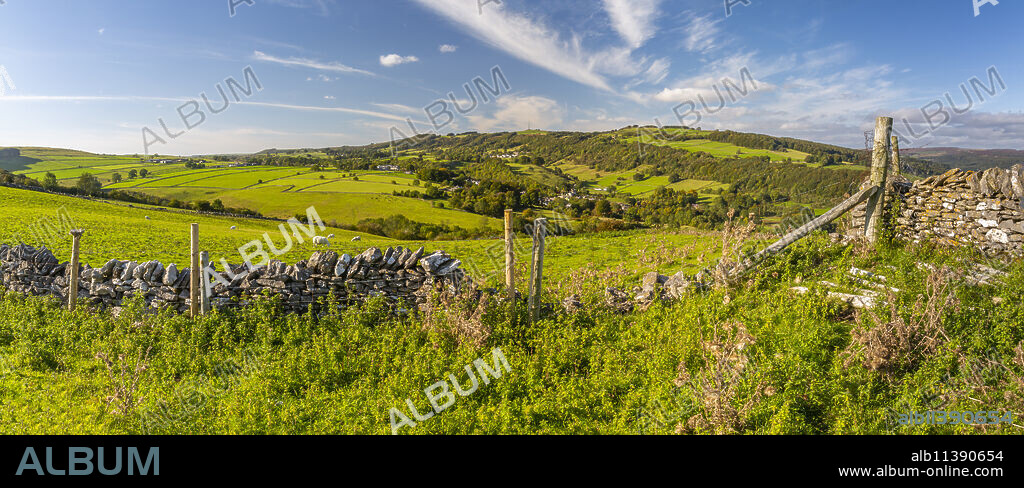 View of dry stone wall and Coombs Dale toward Stoney Middleton, Calver, Derbyshire Peak District, Derbyshire, England, United Kingdom, Europe.