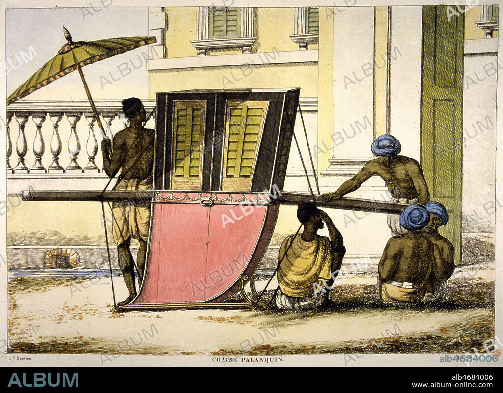 Chaise-palanquin, sorte de chaise a porteurs. Les HINDOUS, par F. Baltazard SOLVYNS, 1808. L'inde et les Hindous, pratiquant la religion Hindouisme, au debut du 19eme siecle. Credit JEAN VIGNE/KHARBINE TAPABOR.