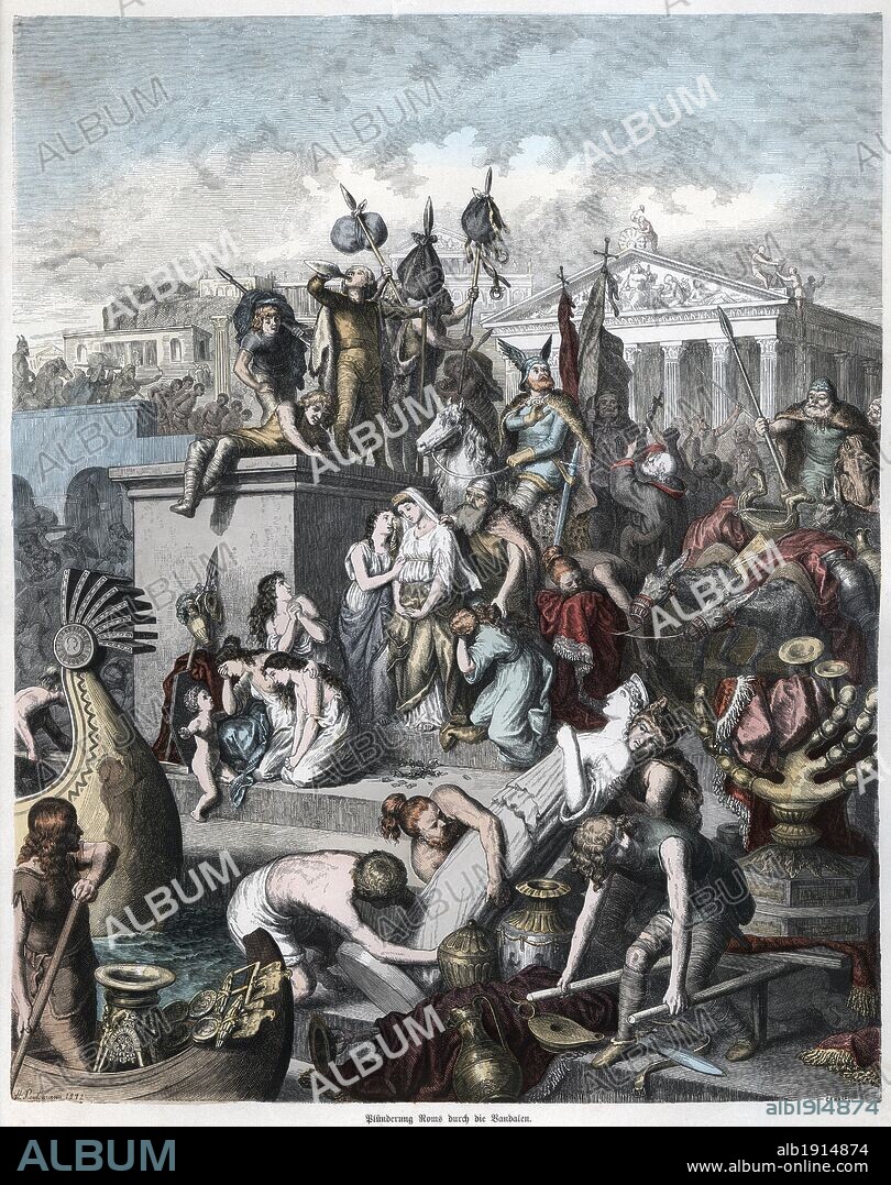 Historia Antigua. Roma. Entrada y pillaje de los vándalos en la ciudad. Grabado alemán de 1865.