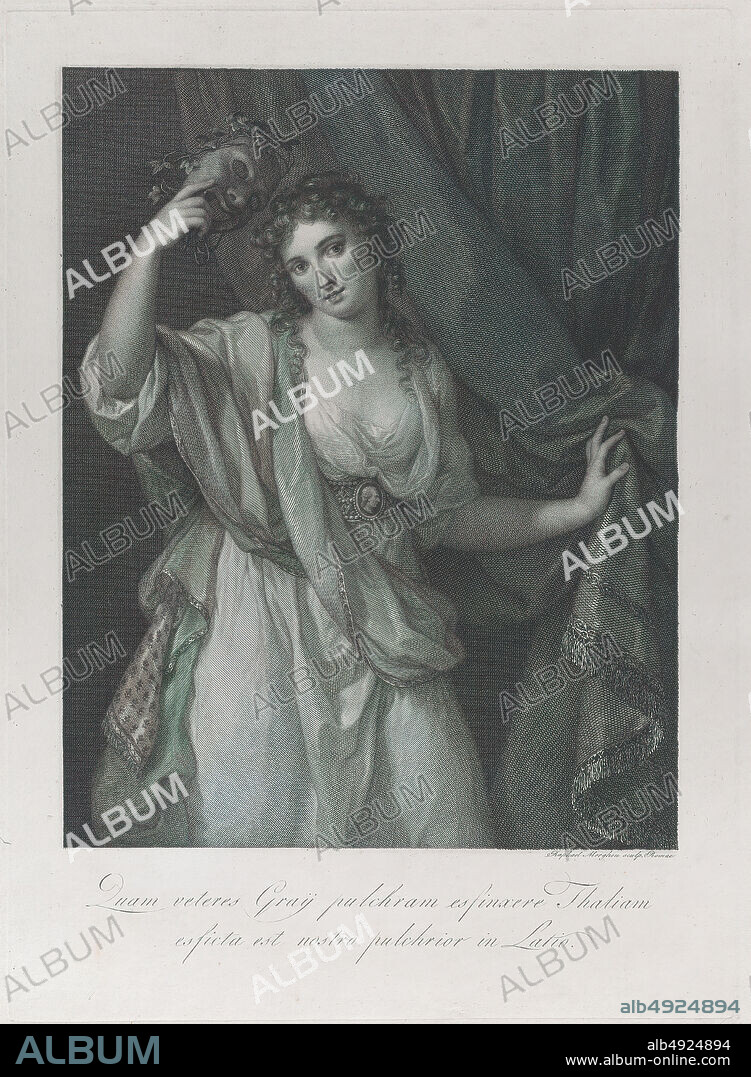 Raphael Morghen, Lady Hamilton as the Comic Muse, Thalia, Raphael Morghen (Italian, Naples 17581833 Florence), After Angelica Kauffmann (Swiss, Chur 17411807 Rome), Lady Emma Hamilton (British, Ness, Cheshire bap. 17651815 Calais), 1791, Engraving; second state of two, Plate: 17 5/16 × 12 7/16 in. (43.9 × 31.6 cm), Sheet: 20 7/8 × 15 13/16 in. (53 × 40.1 cm), Prints.