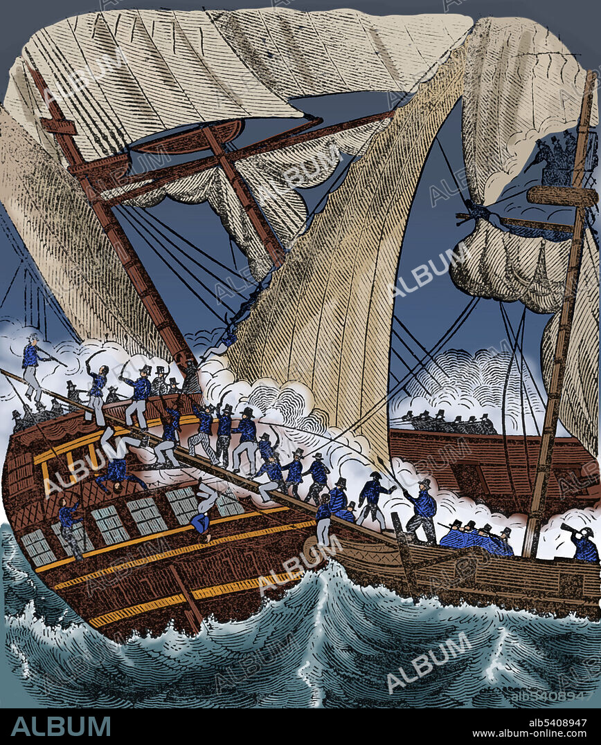 Jean Lafitte (1780 - 1823) was a French pirate and privateer. He operated a warehouse in New Orleans to help disperse the goods smuggled by his brother Pierre Lafitte. The Lafittes moved their operations to an island in Barataria Bay. In 1814 a US naval force invaded and captured most of Lafitte's fleet. In return for a pardon, Lafitte and his comrades helped Andrew Jackson defend New Orleans. The Lafittes became spies for the Spanish during the Mexican War of Independence and moved to Galveston Island, where they developed a pirate colony they called Campeche. He continued attacking merchant ships around Central American ports until he died circa 1823. Colorized.