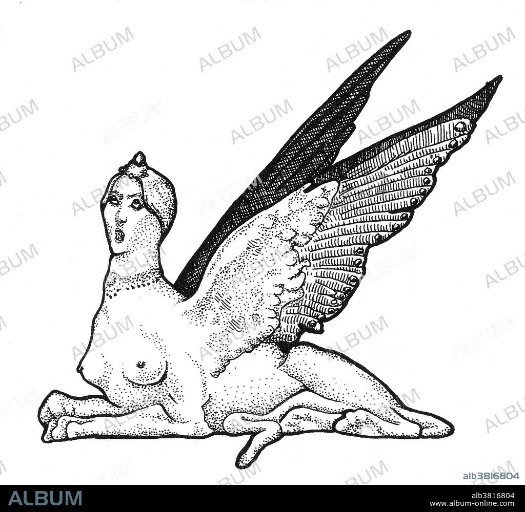 A sphinx is a mythical creature with, as a minimum, the body of a lion and a human head. In Greek mythology, a sphinx is represented as a monster with a head of a woman, the body of a lioness, the wings of an eagle, and a serpent-headed tail. She was treacherous and merciless. Those who could not answer her riddle were killed and eaten by this ravenous monster. The Egyptian sphinx is typically shown as a man, benevolent and thought of as a guardian often flanking the entrances to temples.
