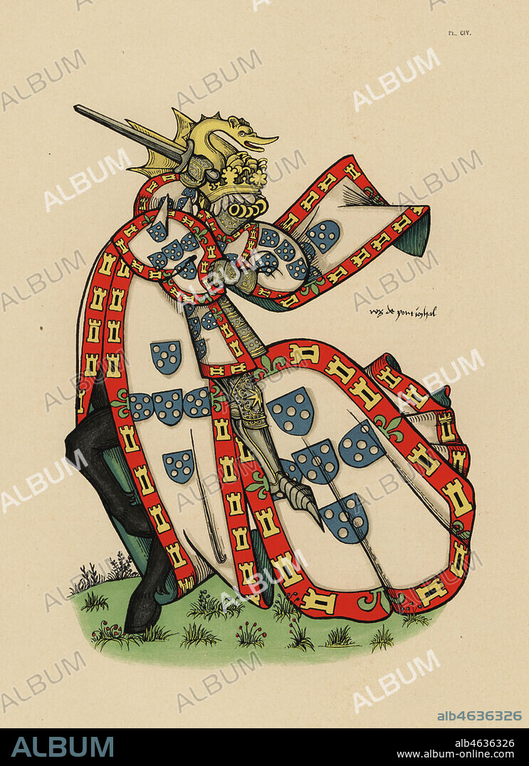 King of Portugal, roi de Portugal. Chromolithograph from Loredan Larchey's Ancien Armorial Equestre de la Toison d'Or et de l'Europe au 15e siecle (Ancient Equestrian Armorials of the Order of the Golden Fleece and Europe in the 15th century), Paris, 1890. From illustrated manuscript 4790 in the Bibliotheque de l'Arsenal.