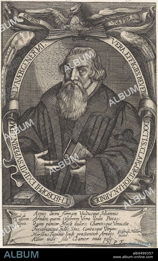 Portrait of Johann Arndt, Paul de Zetter, 1610 - 1667, Portrait of the theologian Johann Arndt holding a Bible in an oval ornamental frame. Below is a six-line text in Latin., print maker: Paul de Zetter, (mentioned on object), Monogrammist NPF, publisher: Gottfried Müller, (mentioned on object), Germany, 1610 - 1667, paper, engraving, h 189 mm × w 120 mm.